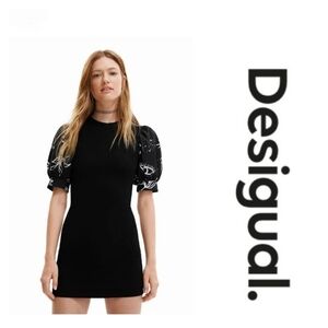 DESIGUAL • Black, Slim, Ribbed Knit Mini Dress w Puff Sleeves, Stretch, Med, NWT